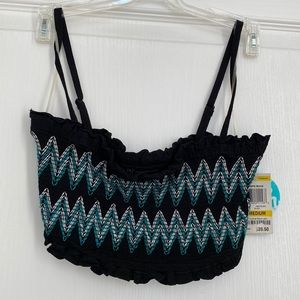 INC Black Tube Top, adjustable  Straps. Silver & Green Stitches along Front. M